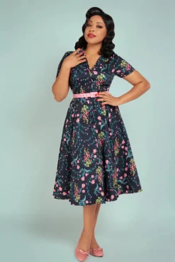 Caterina Hollyhocks Hooray Swing Jurk In Marineblauw