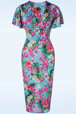Dory Tropical Pencil Jurk In Blauw