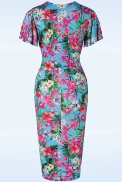 Dory Tropical Pencil Jurk In Blauw