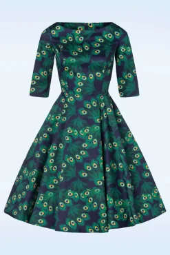 Exclusieve Bij Topvintage ~ Adriana Peacock Long Sleeve Swing Jurk In Marineblauw