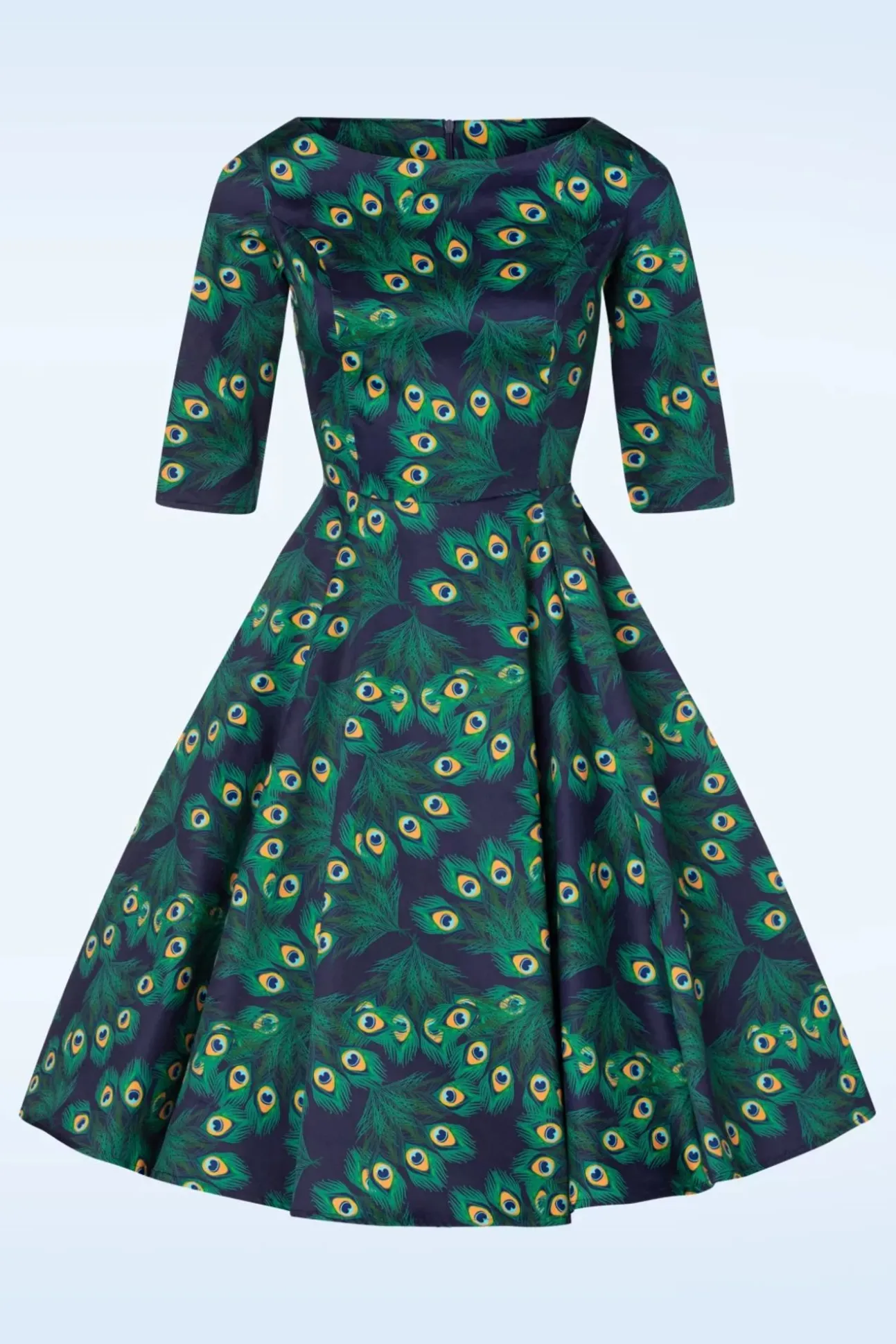 Exclusieve Bij Topvintage ~ Adriana Peacock Long Sleeve Swing Jurk In Marineblauw