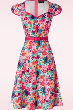 Floral Cats Print Flare Jurk In Multi