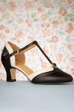 Luxe Parisienne T-Strap Pumps In Zwart En Creme