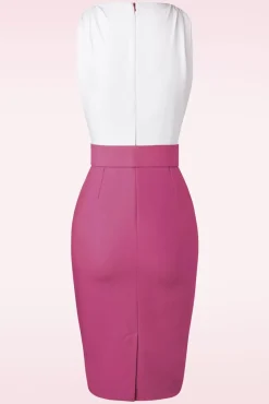 The Kellie Pencil Jurk In Gebroken Wit En Donker Magentaroze